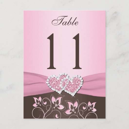 Roze, Bruine Bloemen, Harten Tafelnummer Post Kaar (Voorkant)