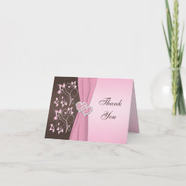Roze, bruine bloemige verbonden harten bedankkaart