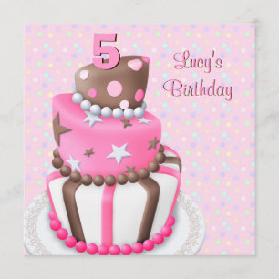 Roze bruine cake meisjes 5de verjaardagsfeestje kaart