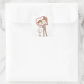 Roze & Bruine Cartoon Bruid & bruidegom Bruiloft Vierkante Sticker (Tas)