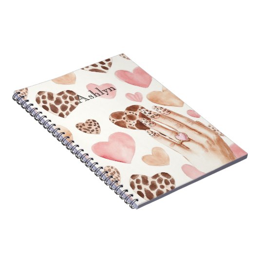 Roze Bruine Crème Luipaard Dierlijke Harten Hand Notitieboek (Rechterzijde)