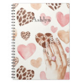 Roze Bruine Crème Luipaard Dierlijke Harten Hand Notitieboek (Voorkant)