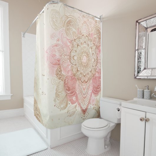 Roze Bruine Crème Mandala Boheemse Boho Mode Douchegordijn (In situ)