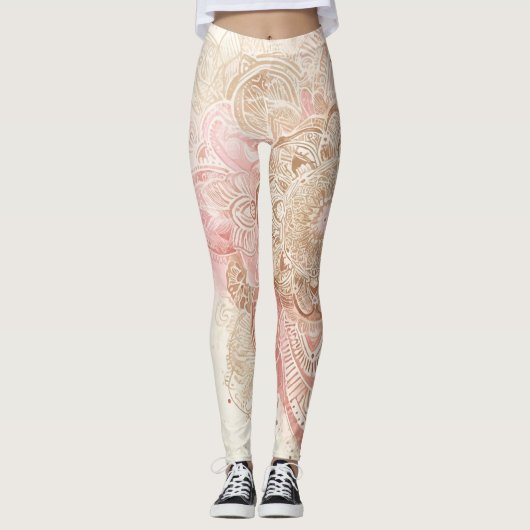Roze bruine crème Mandala Bohemian Boho Mode Leggings (Voorkant)