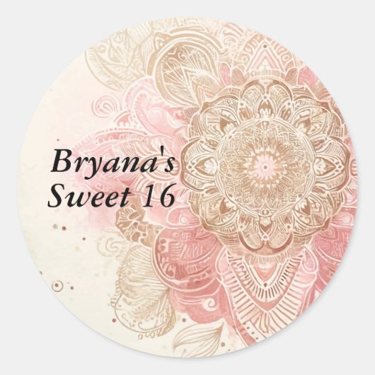 Roze Bruine Crème Mandala Bohemian Boho Verjaardag Ronde Sticker (Voorkant)