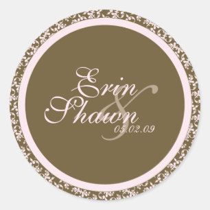 Roze & Bruine Damask SJABLOON Ronde Sticker