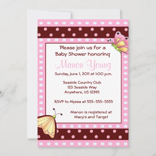 Roze bruine dot Butterfly Baby shower Invitation Kaart (Voorkant)