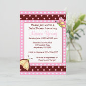 Roze bruine dot Butterfly Baby shower Invitation Kaart (Staand voorkant)