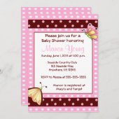 Roze bruine dot Butterfly Baby shower Invitation Kaart (Voorkant / Achterkant)