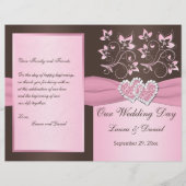 Roze, bruine Floral, Hearts Wedding Programme (Voorkant)