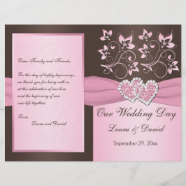 Roze, bruine Floral, Hearts Wedding Programme