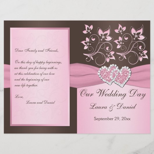 Roze, bruine Floral, Hearts Wedding Programme (Voorkant)