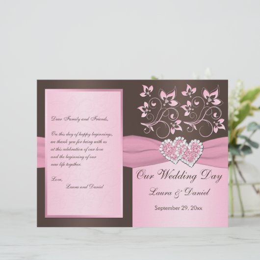 Roze, bruine Floral, Hearts Wedding Programme (Staand voorkant)