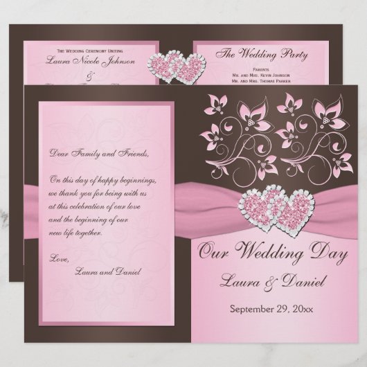 Roze, bruine Floral, Hearts Wedding Programme (Voorkant / Achterkant)