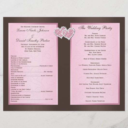 Roze, bruine Floral, Hearts Wedding Programme (Achterkant)