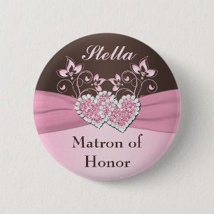 Roze, bruine Floral Matron van Honor Pin Ronde Button 5,7 Cm