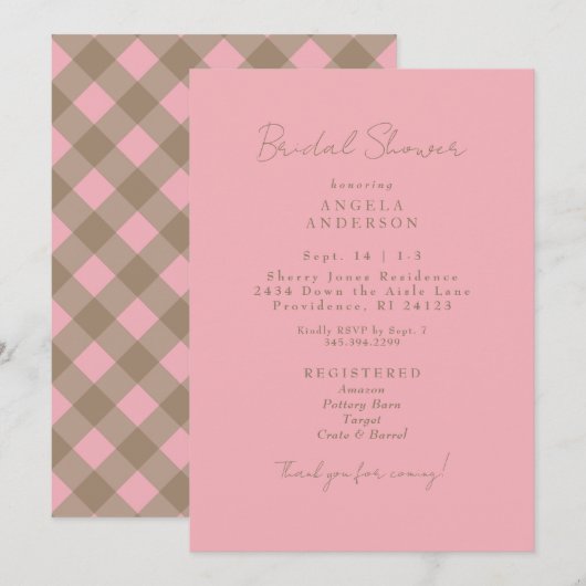Roze & Bruine Gingham Bruiloftsborrel Kaart (Voorkant / Achterkant)