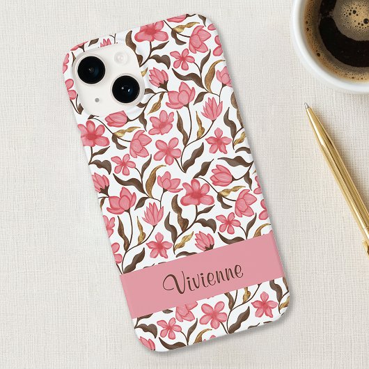 Roze Bruine Gouden Waterverf Wilde Bloem Naam Case-Mate iPhone Case