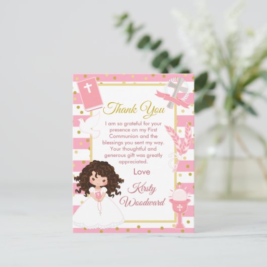 Roze bruine haar meisje eerste communie dank je briefkaart (Staand voorkant)