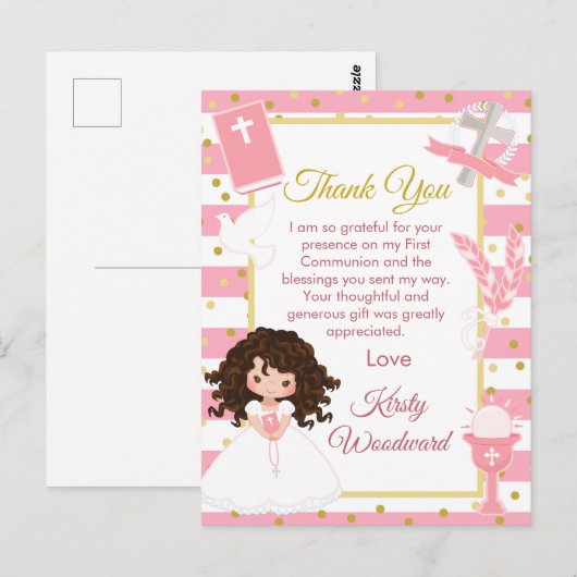Roze bruine haar meisje eerste communie dank je briefkaart (Voorkant / Achterkant)