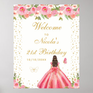 Roze Bruine Haar Meisje Verjaardagsfeest Welkom Poster