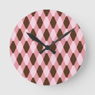 Roze Bruine Harlekijn Diamant Patroon Ronde Klok