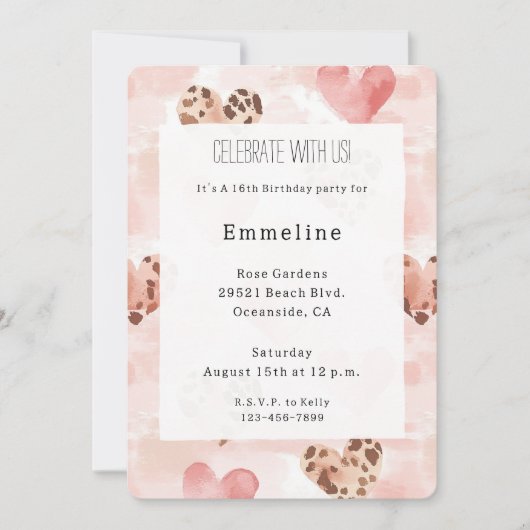 Roze Bruine Harten Leopard Animal Print Verjaardag Kaart (Voorkant)