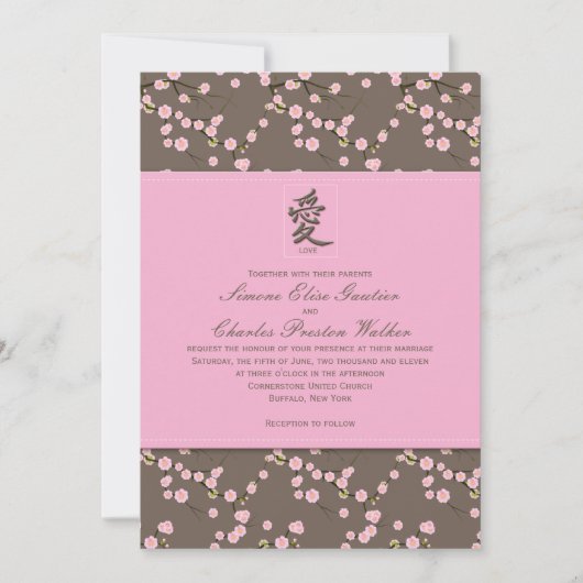 Roze, bruine kersenbloesem bruiloft uitnodiging (Voorkant)