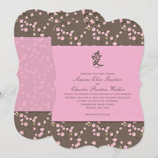 Roze, bruine kersenbloesem bruiloft uitnodiging (Voorkant / Achterkant)