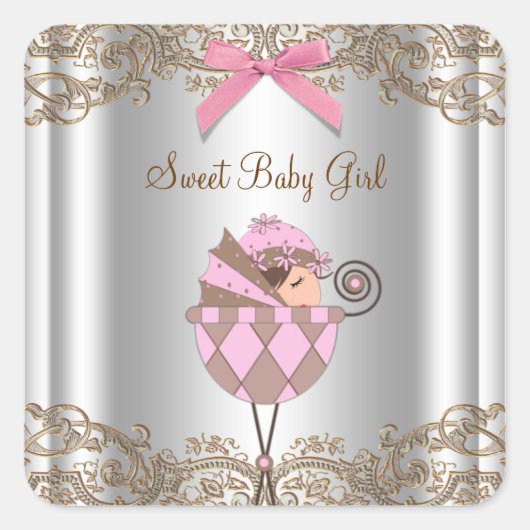 Roze Bruine Koets Baby Shower Label (Voorkant)