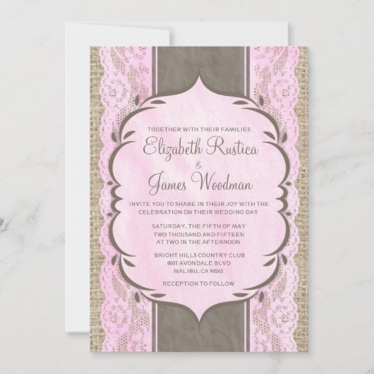 Roze bruine  Linen Burlap Wedding Uitnodiging (Voorkant)