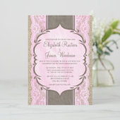 Roze bruine  Linen Burlap Wedding Uitnodiging (Staand voorkant)