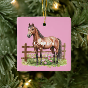 Roze Bruine Paarden Keramisch Ornament