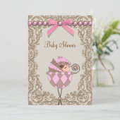 Roze Bruine Parels Kant Meisje Baby shower Kaart (Staand voorkant)
