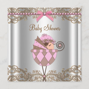 Roze Bruine Parels Kant Meisje Baby shower Kaart
