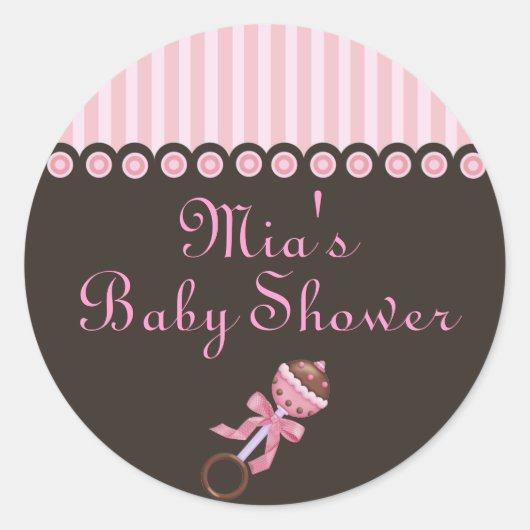 Roze & Bruine Rammelontwerp Baby Shower Sticker (Voorkant)
