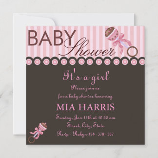 Roze & Bruine Rattel Design Baby Shower Uitnodigin Kaart