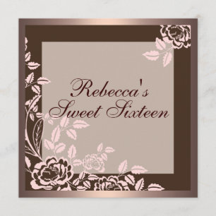 Roze & Bruine Roos Sweet 16 Verjaardagsuitnodiging Kaart