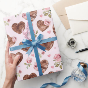 Roze Bruine Rozen Bloemen Harten Bruiloft Cadeaupapier