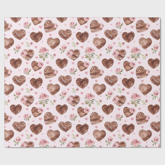Roze Bruine Rozen Bloemen Harten Trouwen Cadeaupapier (Vlak)
