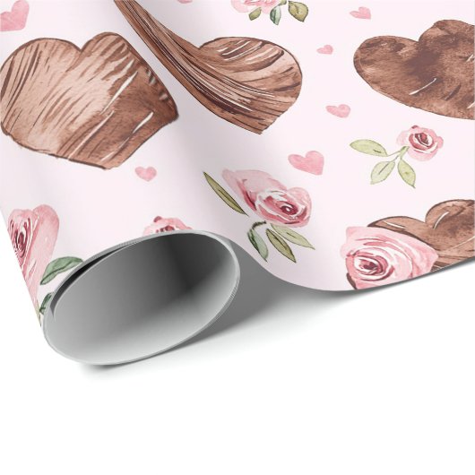 Roze Bruine Rozen Bloemhartjes Bruiloft Cadeaupapier (Rol Hoek)
