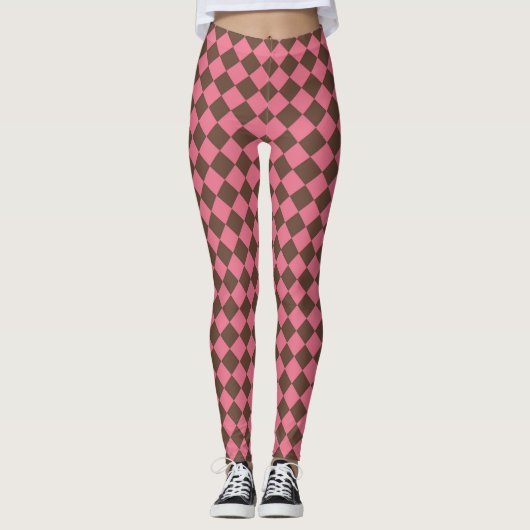 Roze Bruine Ruit Diamant Patroon Leggings (Voorkant)