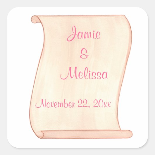 Roze & Bruine Scroll Wedding Sla de datum op stick Vierkante Sticker (Voorkant)