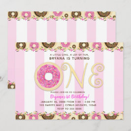 Roze Bruine Strooi Donuts EEN 1e Verjaardagsfeestj Kaart