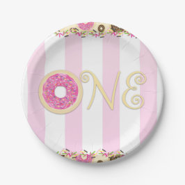 Roze Bruine Strooi Donuts EEN 1e Verjaardagsfeestj Papieren Bordje