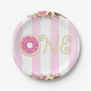 Roze Bruine Strooi Donuts EEN 1e Verjaardagsfeestj Papieren Bordje