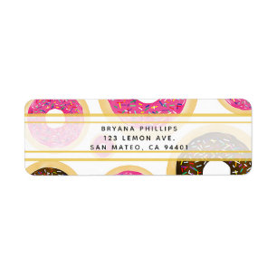 Roze & Bruine Strooiroze Donuts Modern Verjaardags Etiket