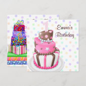 Roze Bruine Taart Cadeaus Meisjes 1e Verjaardagsfe Kaart (Voorkant / Achterkant)