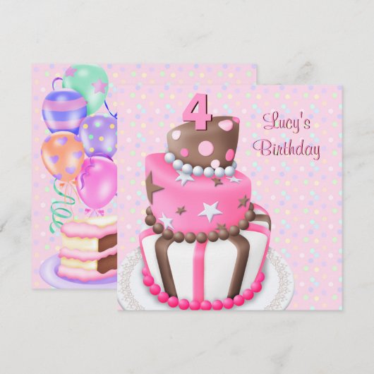 Roze Bruine Taart Meisjes 4e Verjaardagsfeest Kaart (Voorkant / Achterkant)