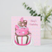 Roze Bruine Taart Meisjes 4e Verjaardagsfeest Kaart (Staand voorkant)